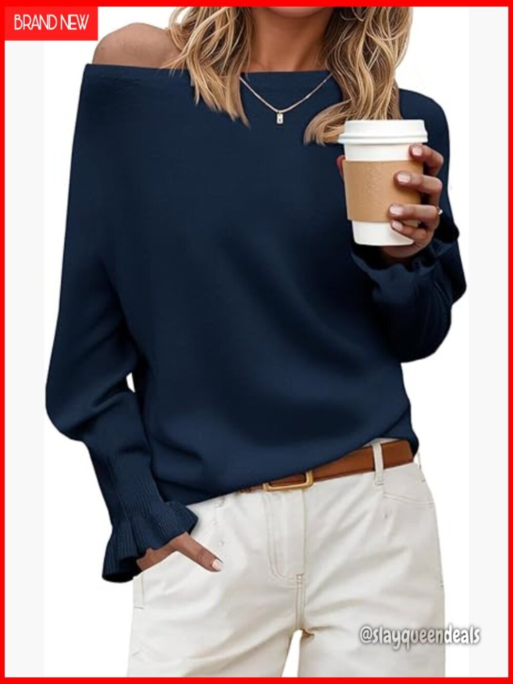 Batwing Dolman Sleeve Boat Neck Sweater Pullover Ruffle Cuff Loose Knit